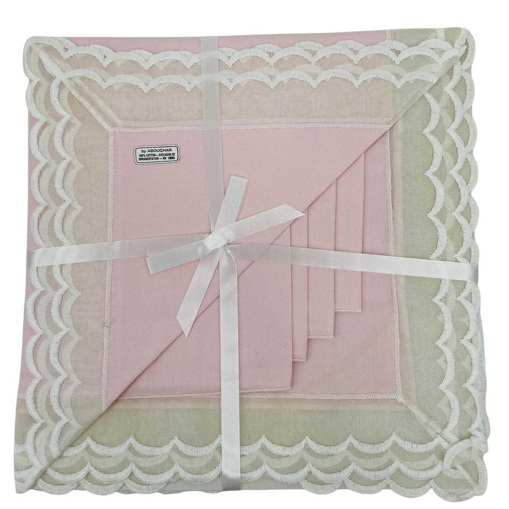 Abouchar Vintage Pink Cotton Napkins Set of 6 Scalloped Lace Trim RN 19065